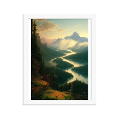 Landschaft mit Bergen, See und viel grüne Natur - Malerei - Premium Poster mit Rahmen berge xxx 27.9 x 35.6 cm