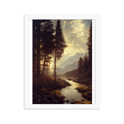 Landschaft mit Bergen, Fluss und Bäumen - Malerei - Premium Poster mit Rahmen berge xxx 27.9 x 35.6 cm