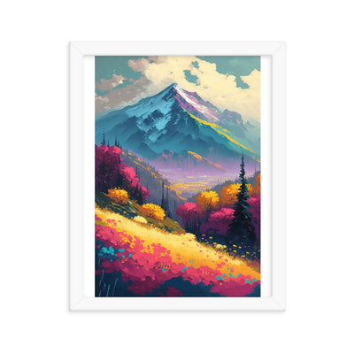 Berge, pinke und gelbe Bäume, sowie Blumen - Farbige Malerei - Premium Poster mit Rahmen berge xxx 27.9 x 35.6 cm