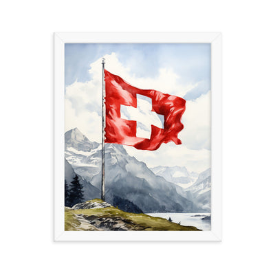 Schweizer Flagge und Berge im Hintergrund - Epische Stimmung - Malerei - Premium Poster mit Rahmen berge xxx 27.9 x 35.6 cm