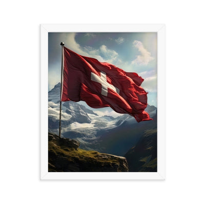 Schweizer Flagge und Berge im Hintergrund - Fotorealistische Malerei - Premium Poster mit Rahmen berge xxx 27.9 x 35.6 cm
