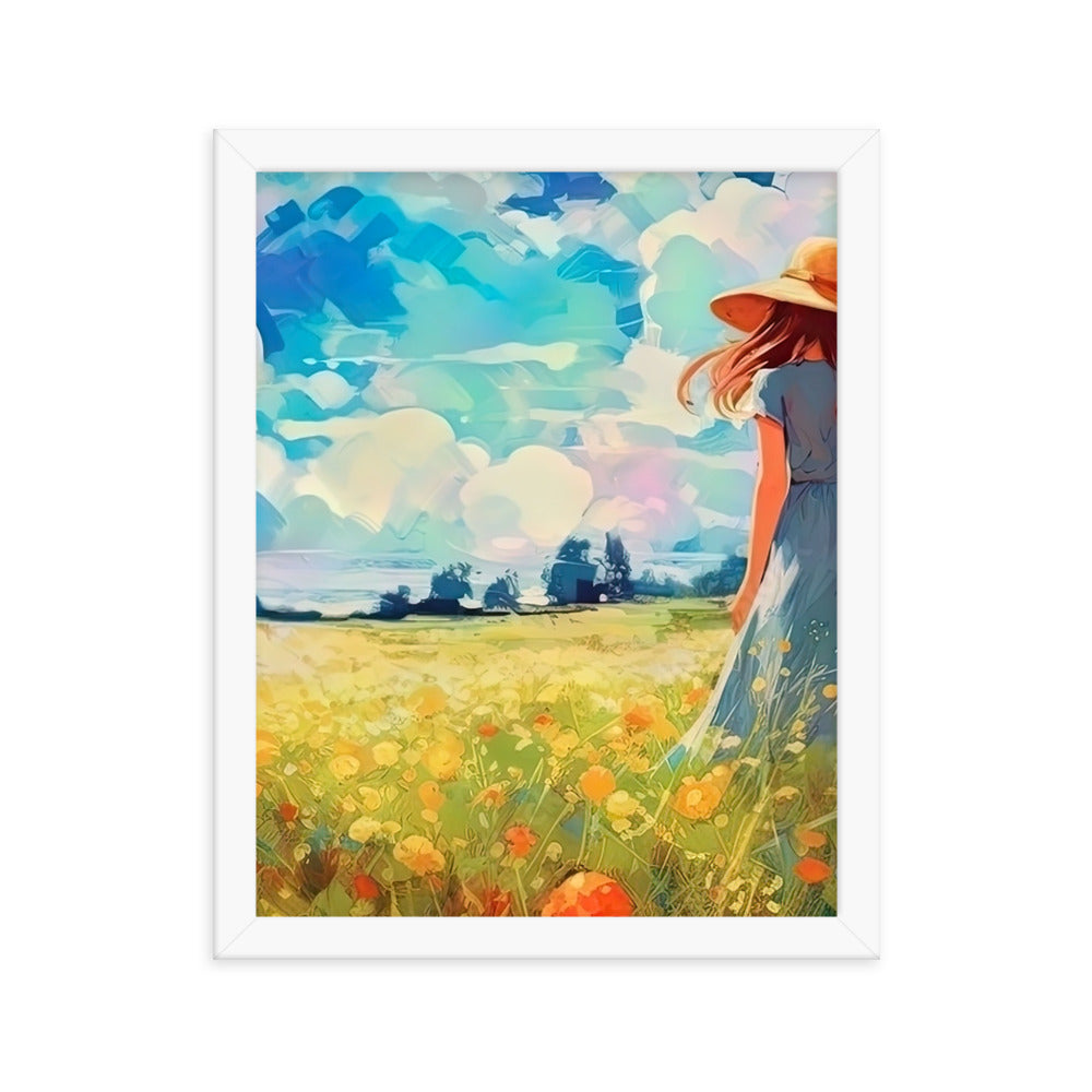 Dame mit Hut im Feld mit Blumen - Landschaftsmalerei - Premium Poster mit Rahmen camping xxx Weiß 27.9 x 35.6 cm