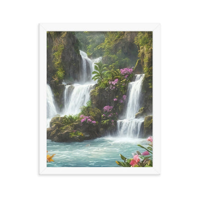 Wasserfall im Wald und Blumen - Schöne Malerei - Premium Poster mit Rahmen camping xxx 27.9 x 35.6 cm
