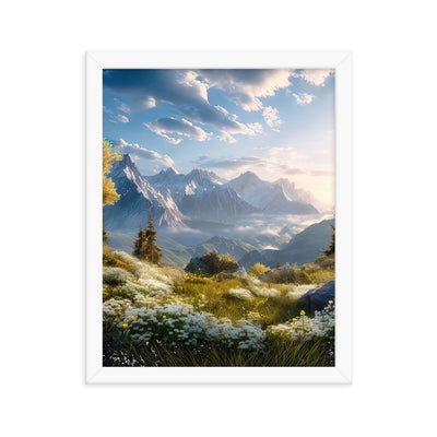 Berglandschaft mit Sonnenschein, Blumen und Bäumen - Malerei - Premium Poster mit Rahmen berge xxx 27.9 x 35.6 cm