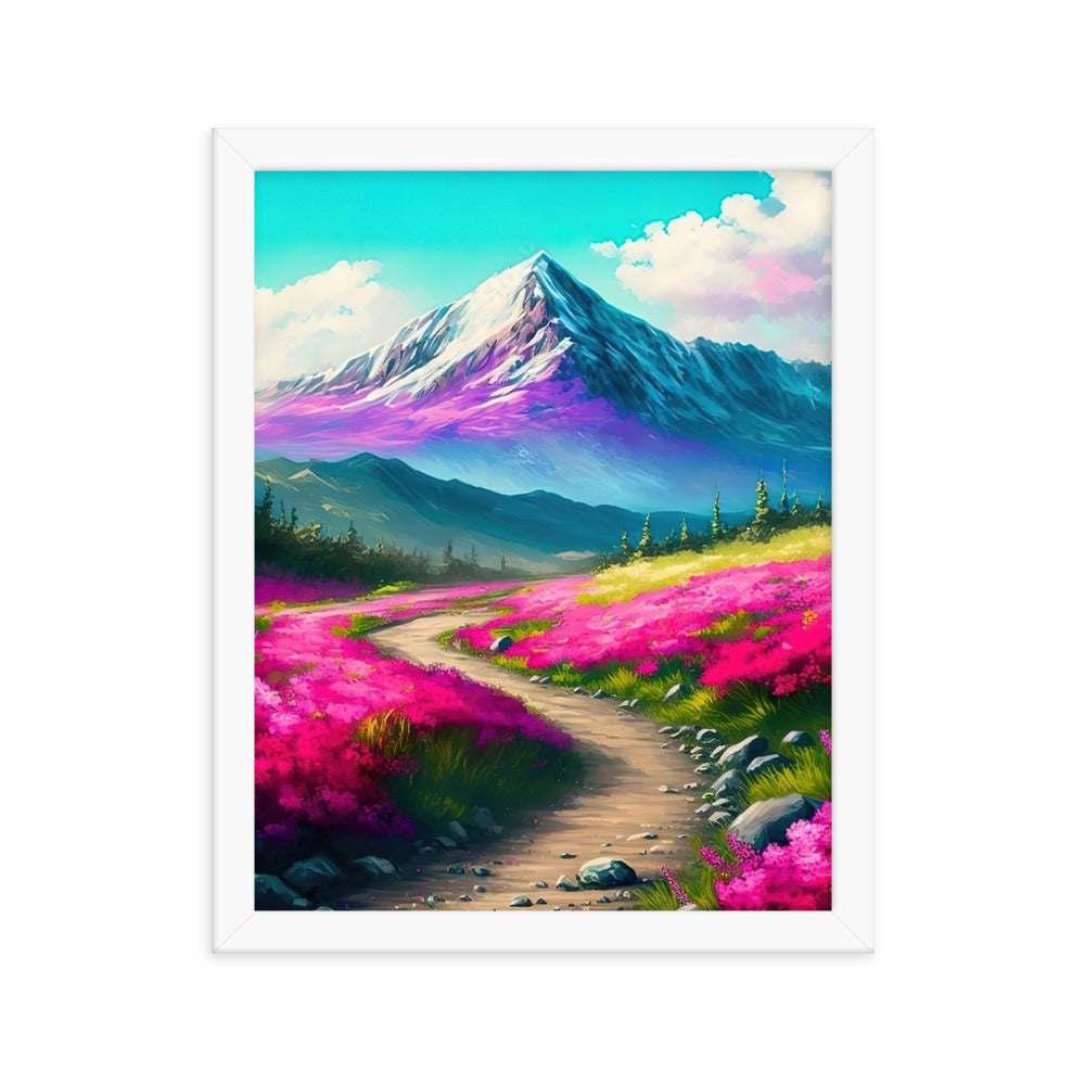 Berg, pinke Blumen und Wanderweg - Landschaftsmalerei - Premium Poster mit Rahmen berge xxx Weiß 27.9 x 35.6 cm