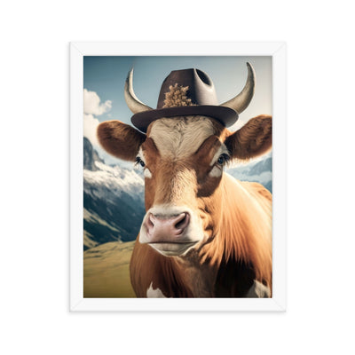 Kuh mit Hut in den Alpen - Berge im Hintergrund - Landschaftsmalerei - Premium Poster mit Rahmen berge xxx 27.9 x 35.6 cm