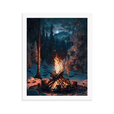Lagerfeuer beim Camping - Wald mit Schneebedeckten Bäumen - Malerei - Premium Poster mit Rahmen camping xxx 27.9 x 35.6 cm
