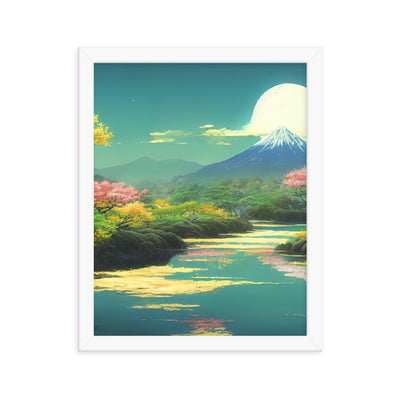 Berg, See und Wald mit pinken Bäumen - Landschaftsmalerei - Premium Poster mit Rahmen berge xxx 27.9 x 35.6 cm