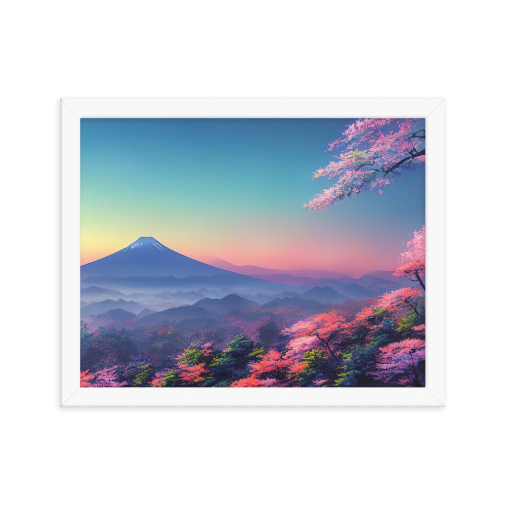 Berg und Wald mit pinken Bäumen - Landschaftsmalerei - Premium Poster mit Rahmen berge xxx 27.9 x 35.6 cm