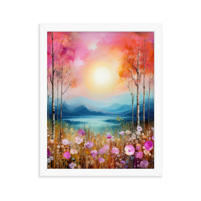 Berge, See, pinke Bäume und Blumen - Malerei - Premium Poster mit Rahmen berge xxx 27.9 x 35.6 cm