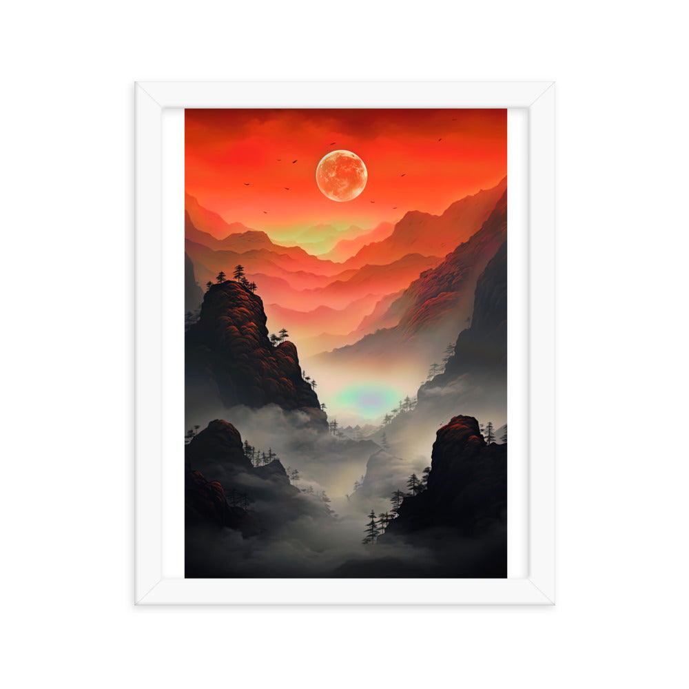 Gebirge, rote Farben und Nebel - Episches Kunstwerk - Premium Poster mit Rahmen berge xxx 27.9 x 35.6 cm
