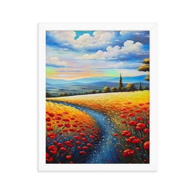 Feld mit roten Blumen und Berglandschaft - Landschaftsmalerei - Premium Poster mit Rahmen berge xxx 27.9 x 35.6 cm