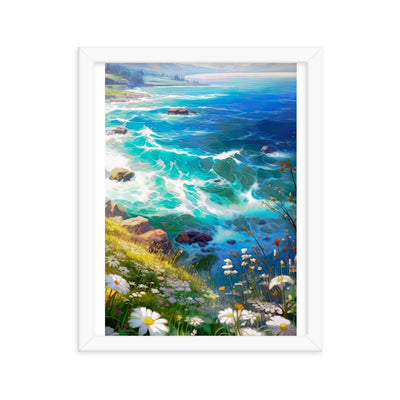Berge, Blumen, Fluss und Steine - Malerei - Premium Poster mit Rahmen camping xxx 27.9 x 35.6 cm