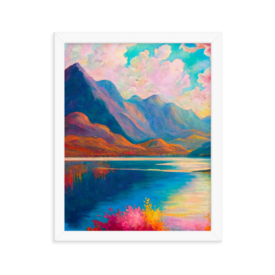 Berglandschaft und Bergsee - Farbige Ölmalerei - Premium Poster mit Rahmen berge xxx 27.9 x 35.6 cm