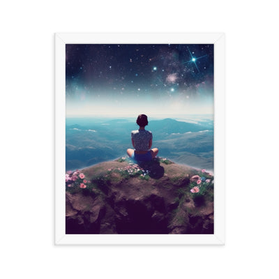 Frau sitzt auf Berg – Cosmos und Sterne im Hintergrund - Landschaftsmalerei - Premium Poster mit Rahmen berge xxx 27.9 x 35.6 cm