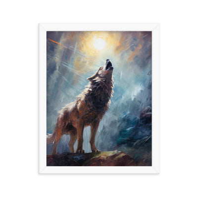 Heulender Wolf auf Berggipfel und Mond im Hintergrund – Abstrakte Malerei - Premium Poster mit Rahmen camping xxx 27.9 x 35.6 cm