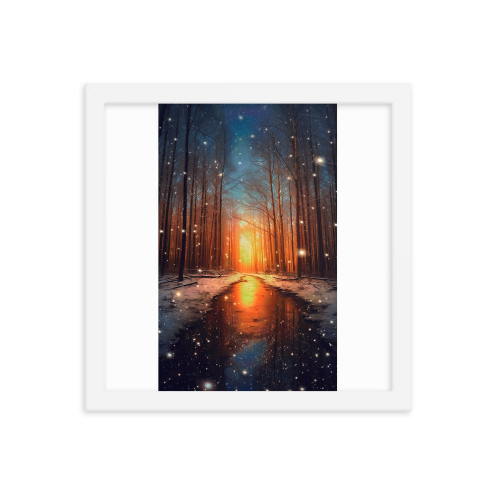 Bäume im Winter, Schnee, Sonnenaufgang und Fluss - Premium Poster mit Rahmen camping xxx Weiß 30.5 x 30.5 cm