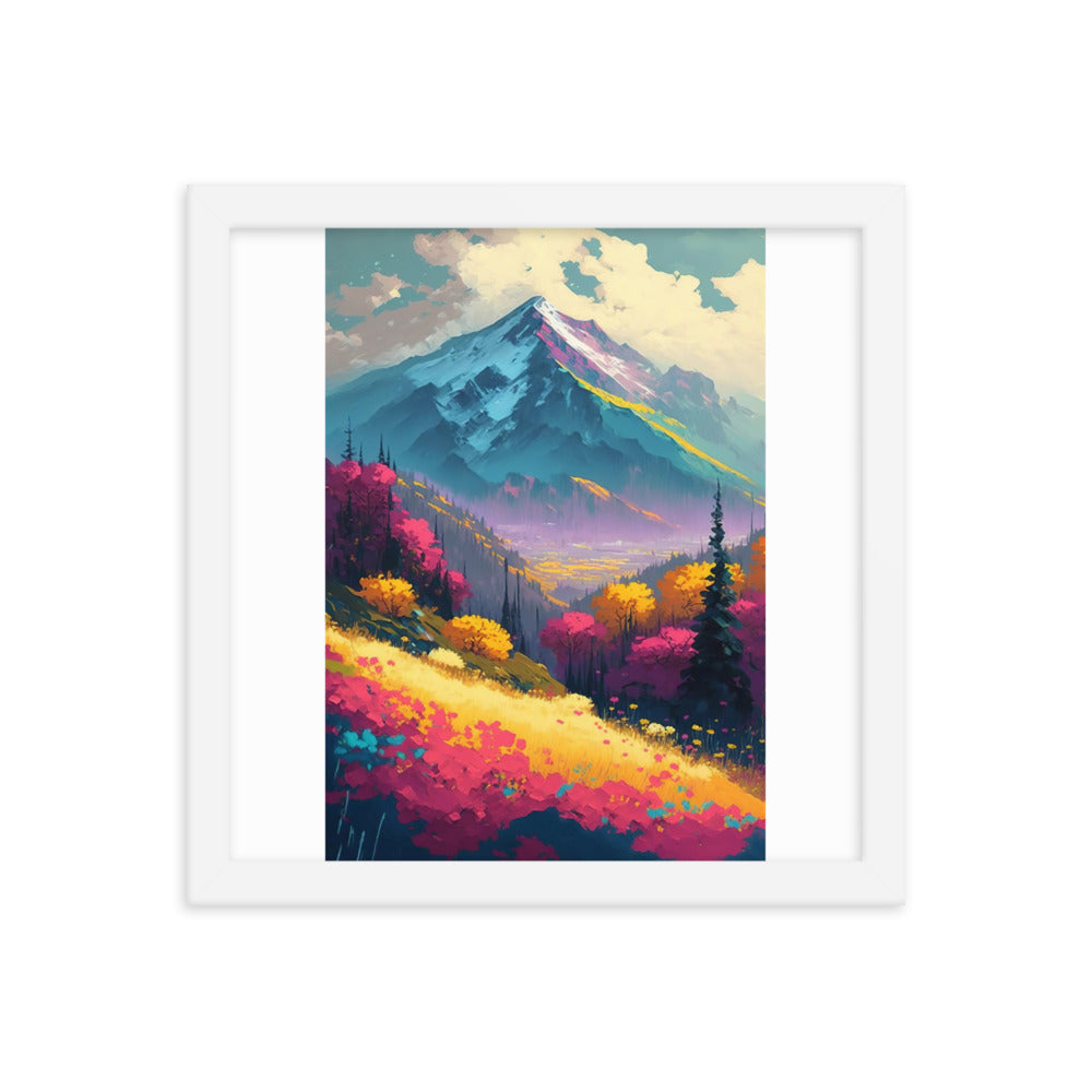 Berge, pinke und gelbe Bäume, sowie Blumen - Farbige Malerei - Premium Poster mit Rahmen berge xxx 30.5 x 30.5 cm