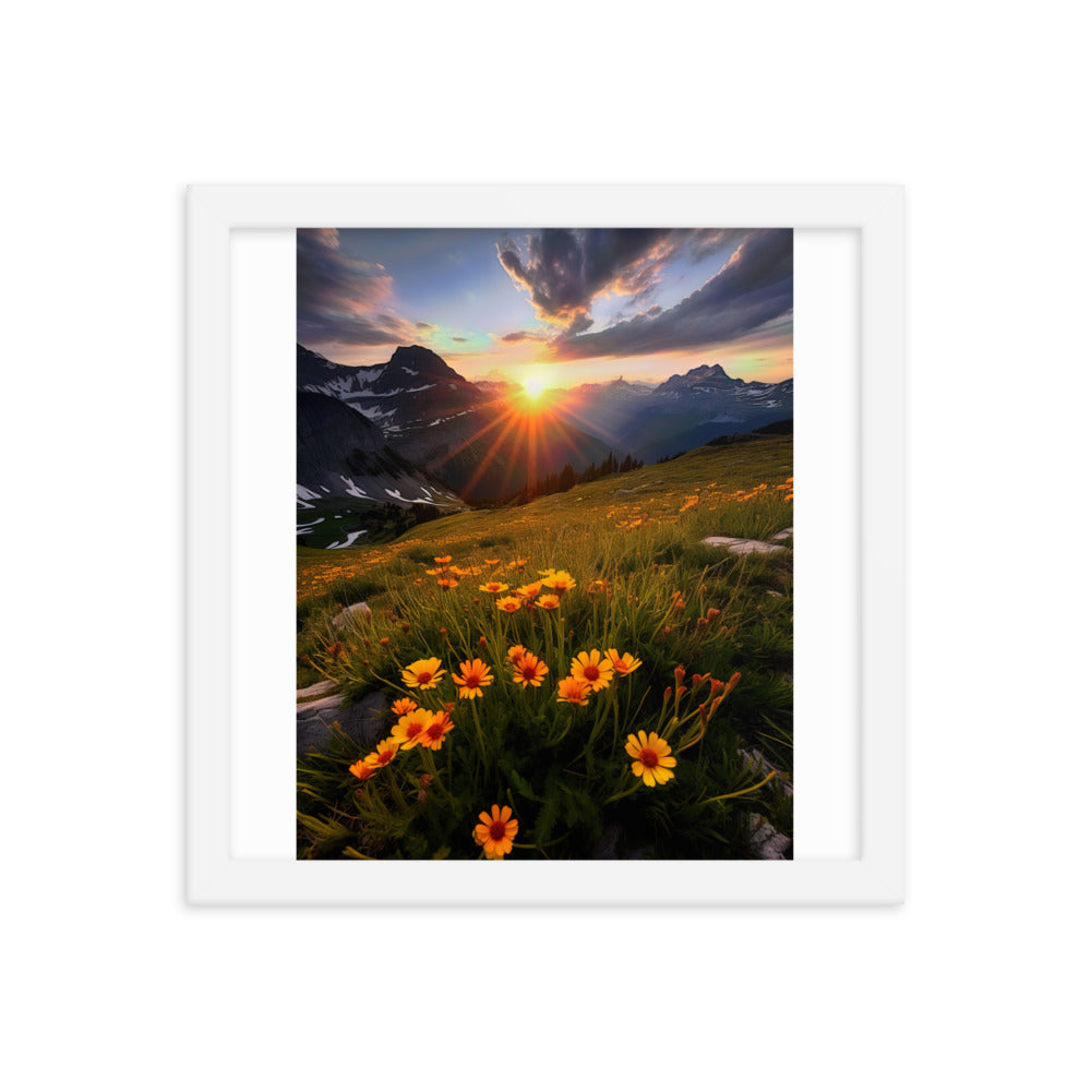 Gebirge, Sonnenblumen und Sonnenaufgang - Premium Poster mit Rahmen berge xxx 30.5 x 30.5 cm