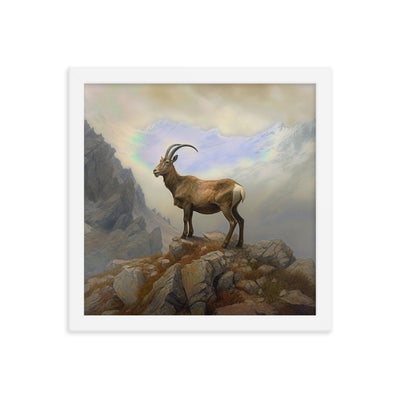 Steinbock am Berg - Wunderschöne Malerei - Premium Poster mit Rahmen berge xxx Weiß 30.5 x 30.5 cm
