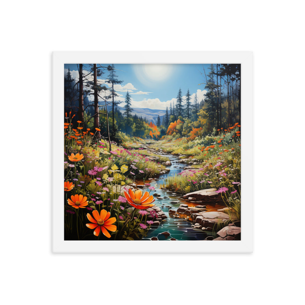Berge, schöne Blumen und Bach im Wald - Premium Poster mit Rahmen berge xxx 30.5 x 30.5 cm