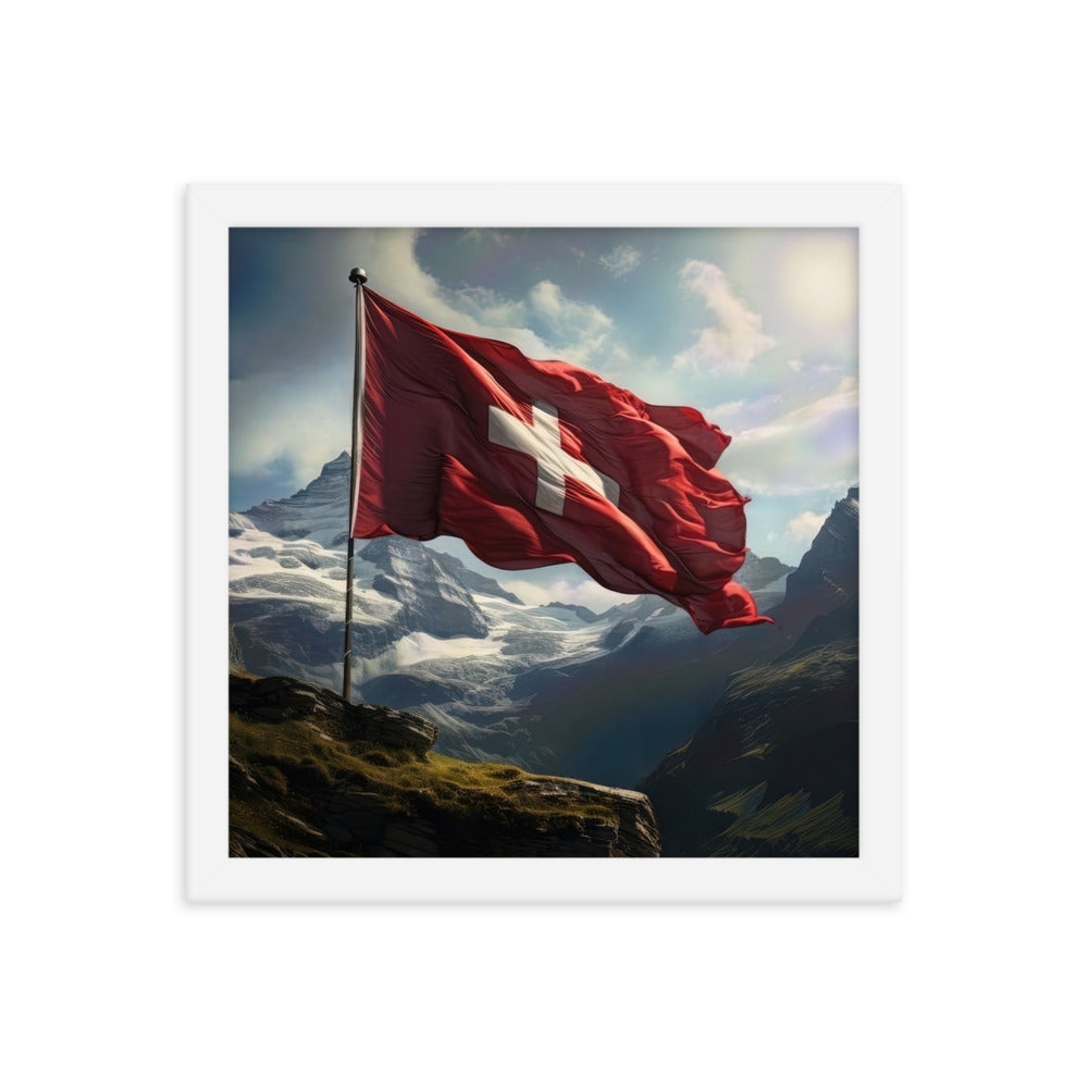 Schweizer Flagge und Berge im Hintergrund - Fotorealistische Malerei - Premium Poster mit Rahmen berge xxx 30.5 x 30.5 cm