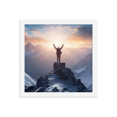 Mann auf der Spitze eines Berges - Landschaftsmalerei - Premium Poster mit Rahmen berge xxx Weiß 30.5 x 30.5 cm