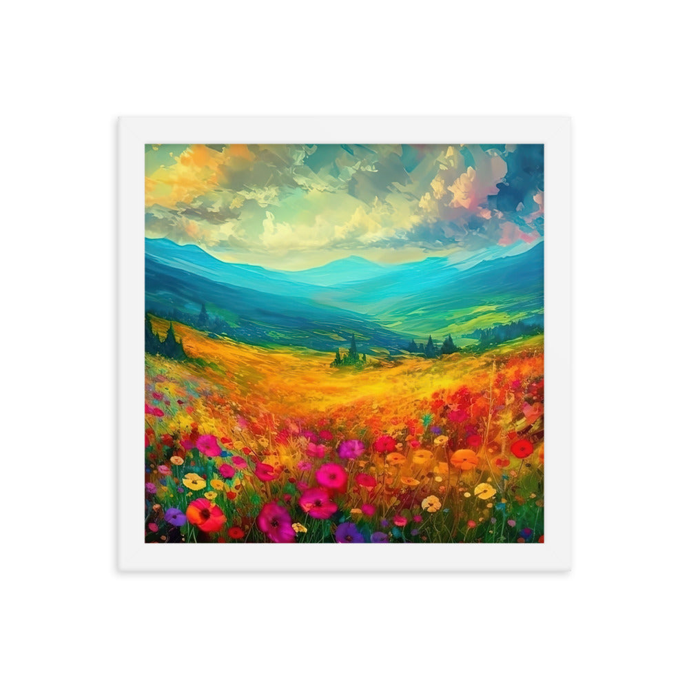 Berglandschaft und schöne farbige Blumen - Malerei - Premium Poster mit Rahmen berge xxx 30.5 x 30.5 cm