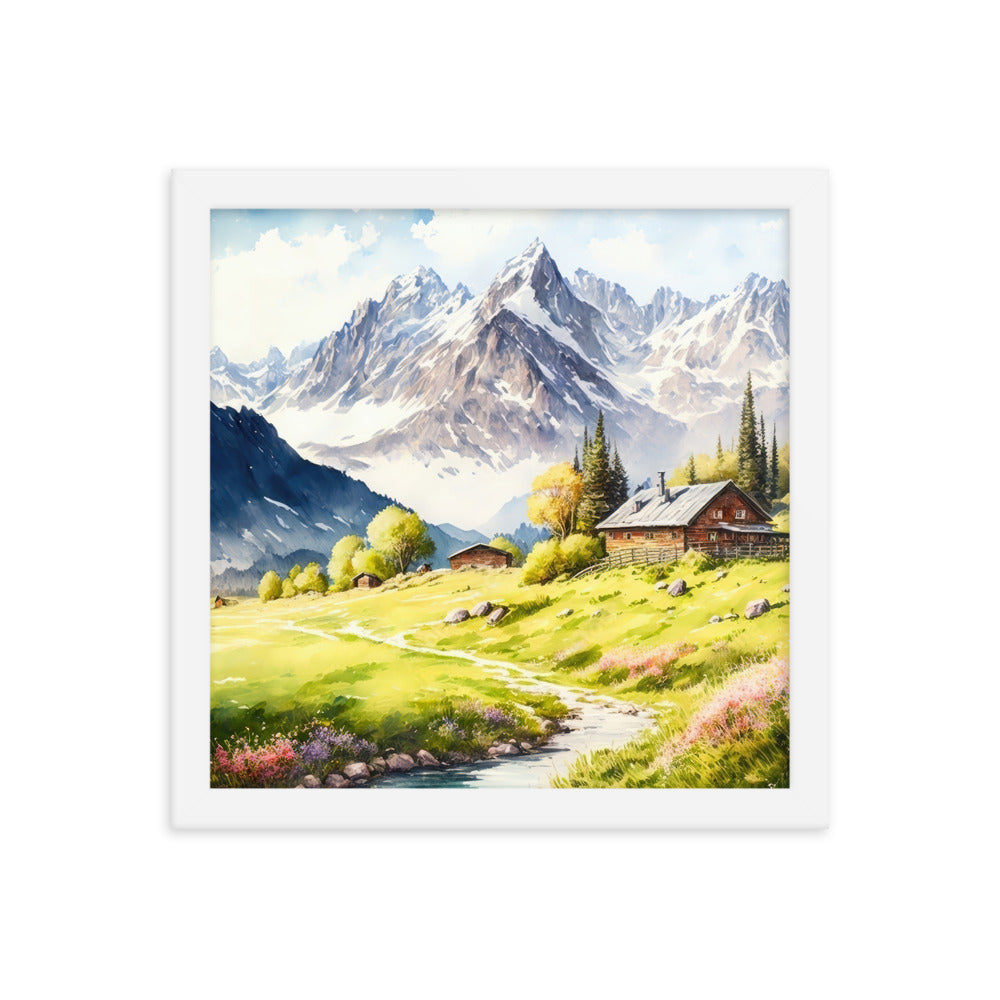 Epische Berge und Berghütte - Landschaftsmalerei - Premium Poster mit Rahmen berge xxx 30.5 x 30.5 cm