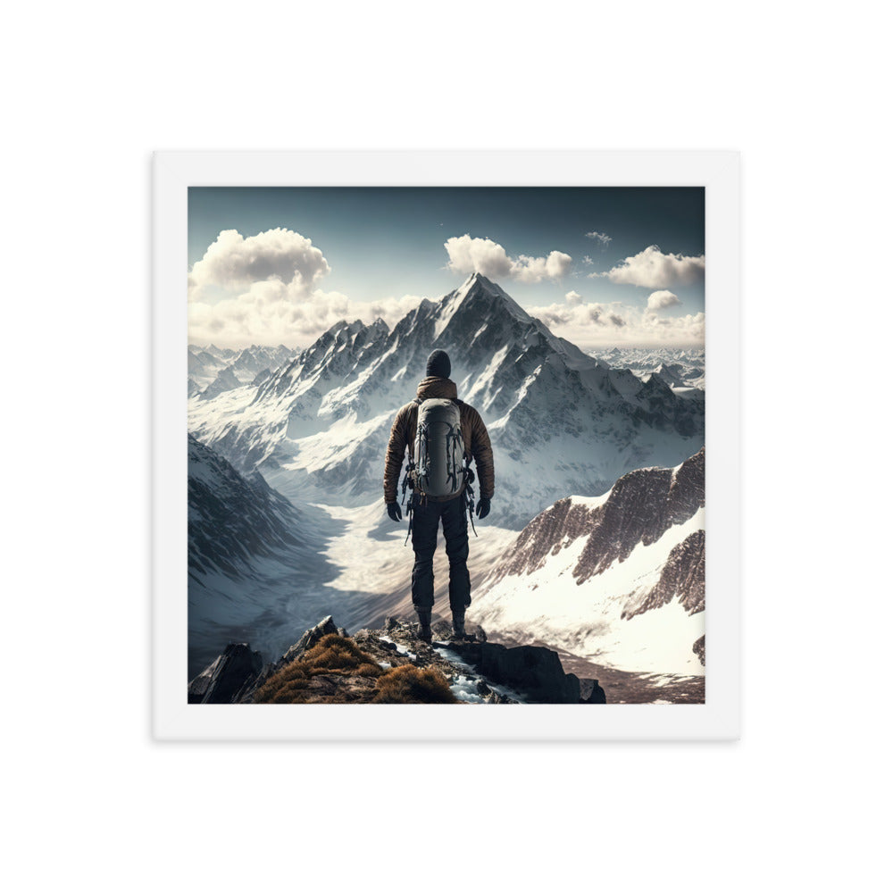 Wanderer auf Berg von hinten - Malerei - Premium Poster mit Rahmen berge xxx 30.5 x 30.5 cm