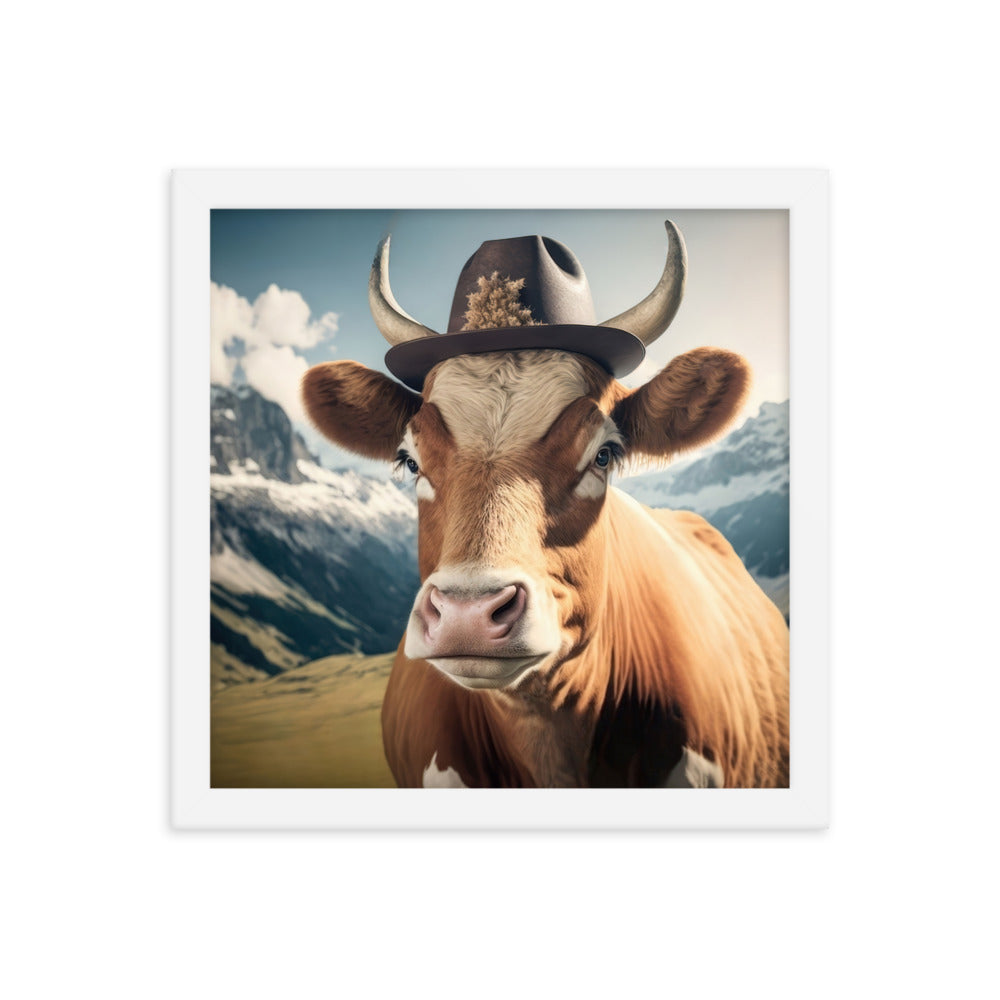 Kuh mit Hut in den Alpen - Berge im Hintergrund - Landschaftsmalerei - Premium Poster mit Rahmen berge xxx 30.5 x 30.5 cm