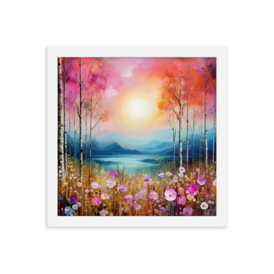 Berge, See, pinke Bäume und Blumen - Malerei - Premium Poster mit Rahmen berge xxx 30.5 x 30.5 cm