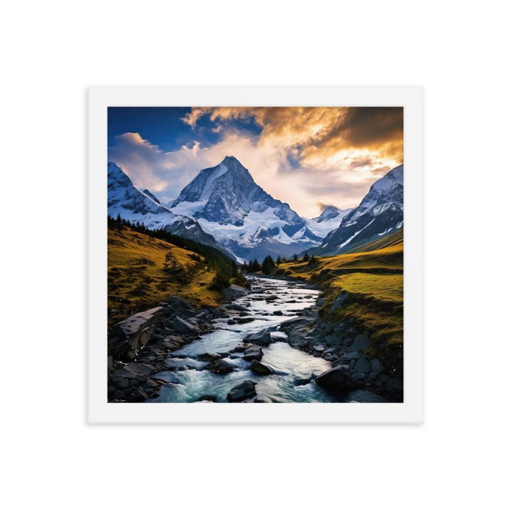 Berge und steiniger Bach - Epische Stimmung - Premium Poster mit Rahmen berge xxx 30.5 x 30.5 cm