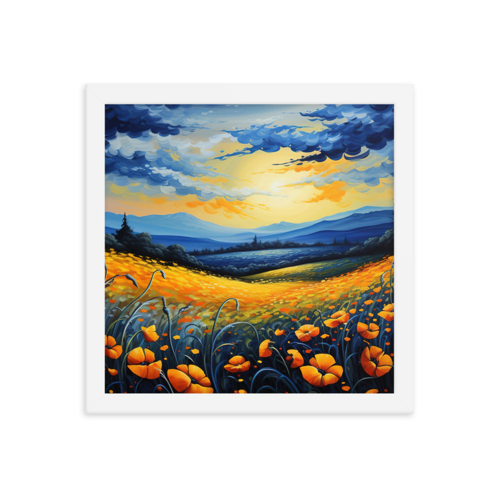 Berglandschaft mit schönen gelben Blumen - Landschaftsmalerei - Premium Poster mit Rahmen berge xxx 30.5 x 30.5 cm