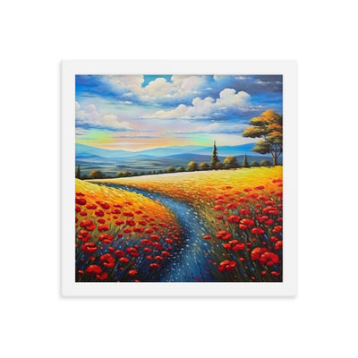 Feld mit roten Blumen und Berglandschaft - Landschaftsmalerei - Premium Poster mit Rahmen berge xxx 30.5 x 30.5 cm