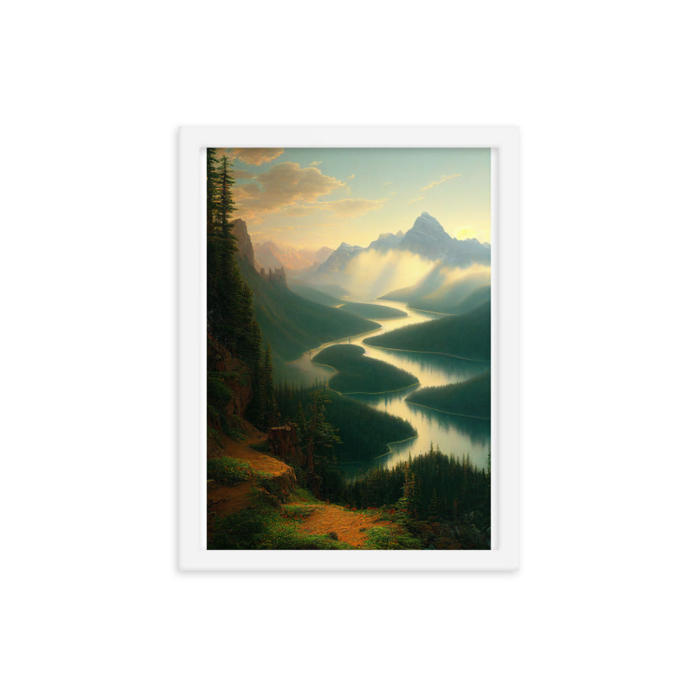 Landschaft mit Bergen, See und viel grüne Natur - Malerei - Premium Poster mit Rahmen berge xxx 30.5 x 40.6 cm