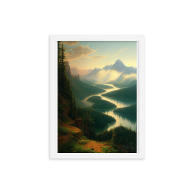 Landschaft mit Bergen, See und viel grüne Natur - Malerei - Premium Poster mit Rahmen berge xxx 30.5 x 40.6 cm