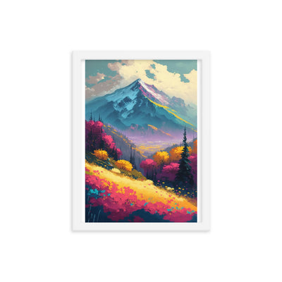 Berge, pinke und gelbe Bäume, sowie Blumen - Farbige Malerei - Premium Poster mit Rahmen berge xxx 30.5 x 40.6 cm