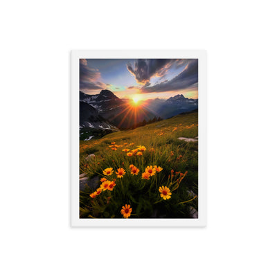 Gebirge, Sonnenblumen und Sonnenaufgang - Premium Poster mit Rahmen berge xxx 30.5 x 40.6 cm