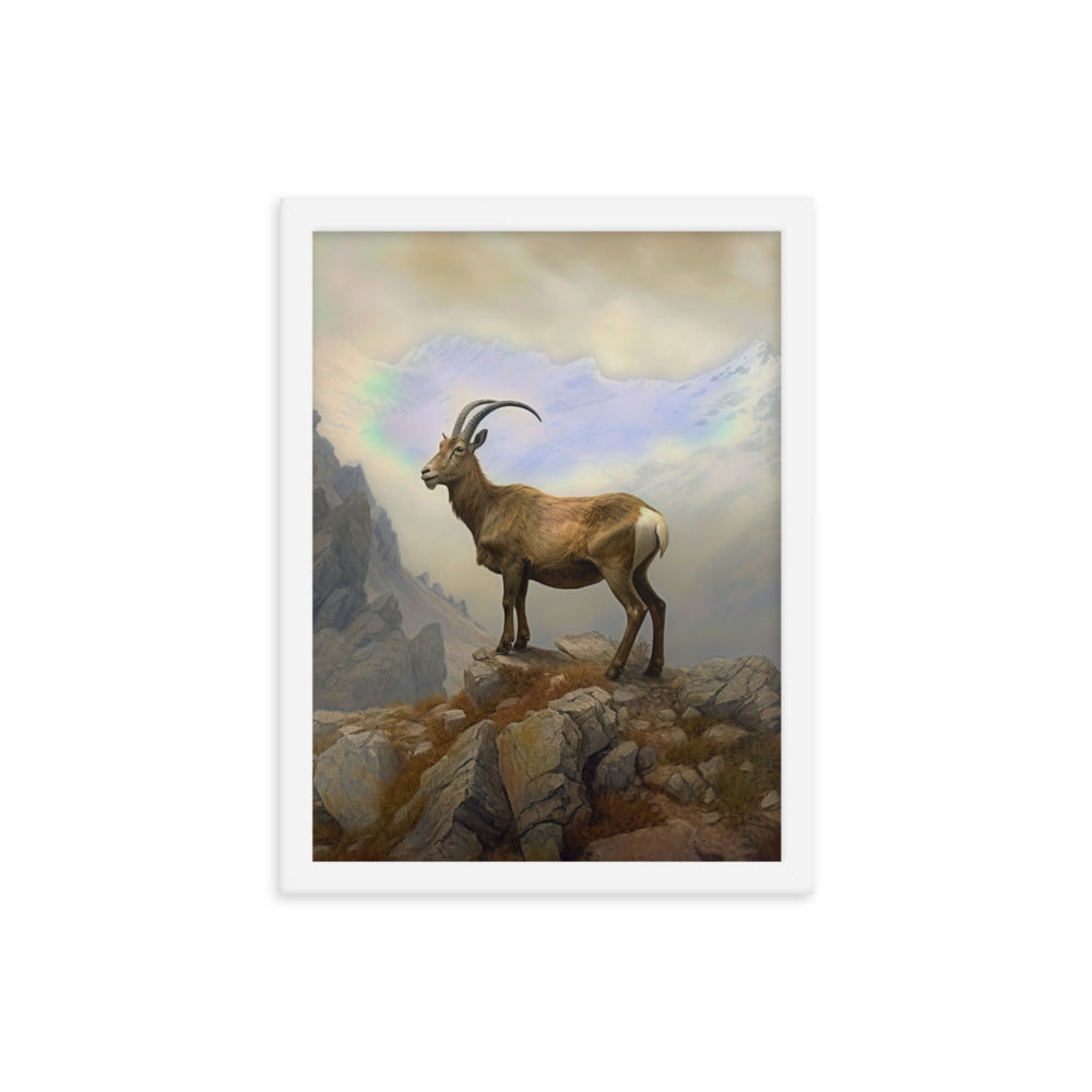 Steinbock am Berg - Wunderschöne Malerei - Premium Poster mit Rahmen berge xxx Weiß 30.5 x 40.6 cm