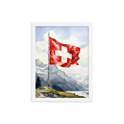 Schweizer Flagge und Berge im Hintergrund - Epische Stimmung - Malerei - Premium Poster mit Rahmen berge xxx 30.5 x 40.6 cm