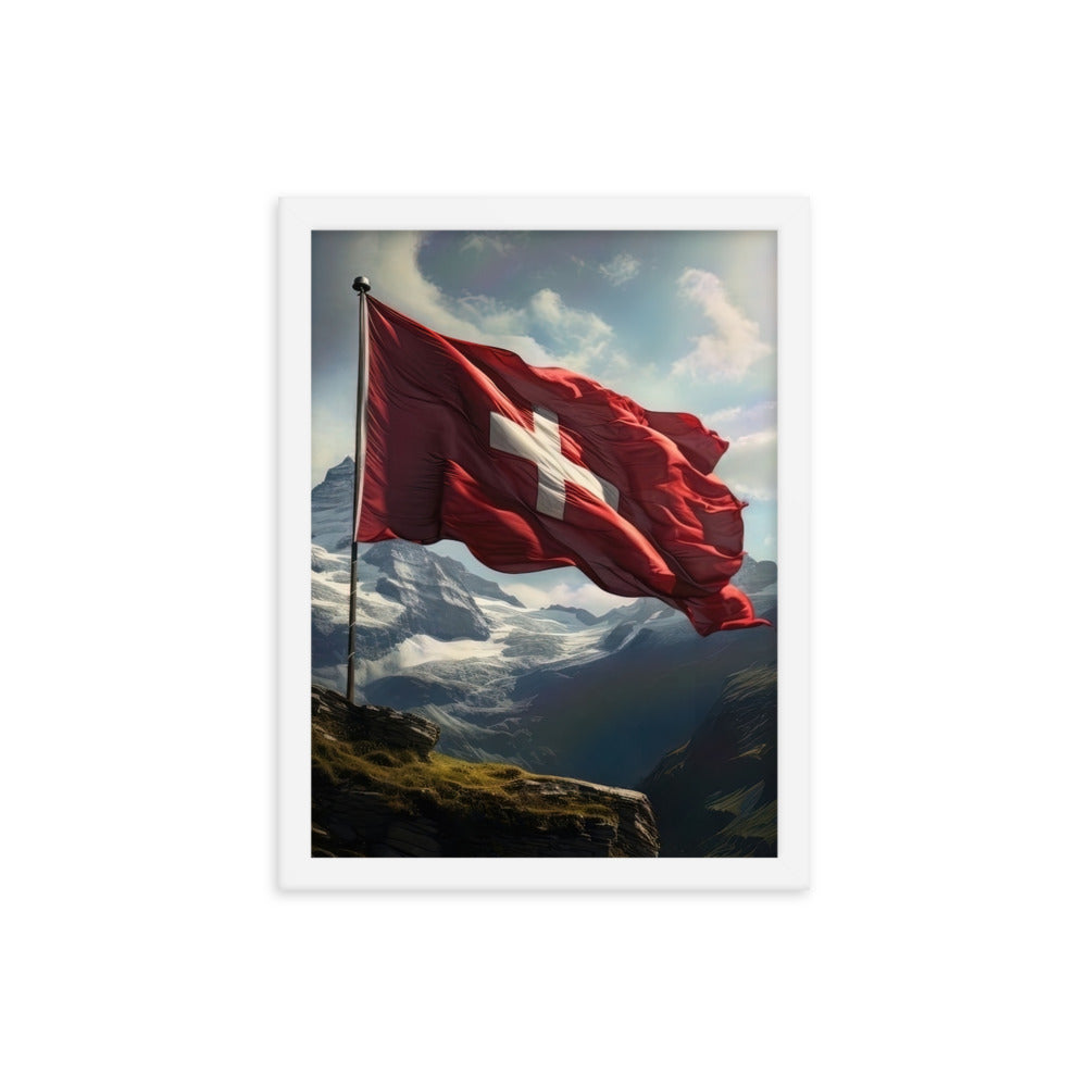Schweizer Flagge und Berge im Hintergrund - Fotorealistische Malerei - Premium Poster mit Rahmen berge xxx 30.5 x 40.6 cm