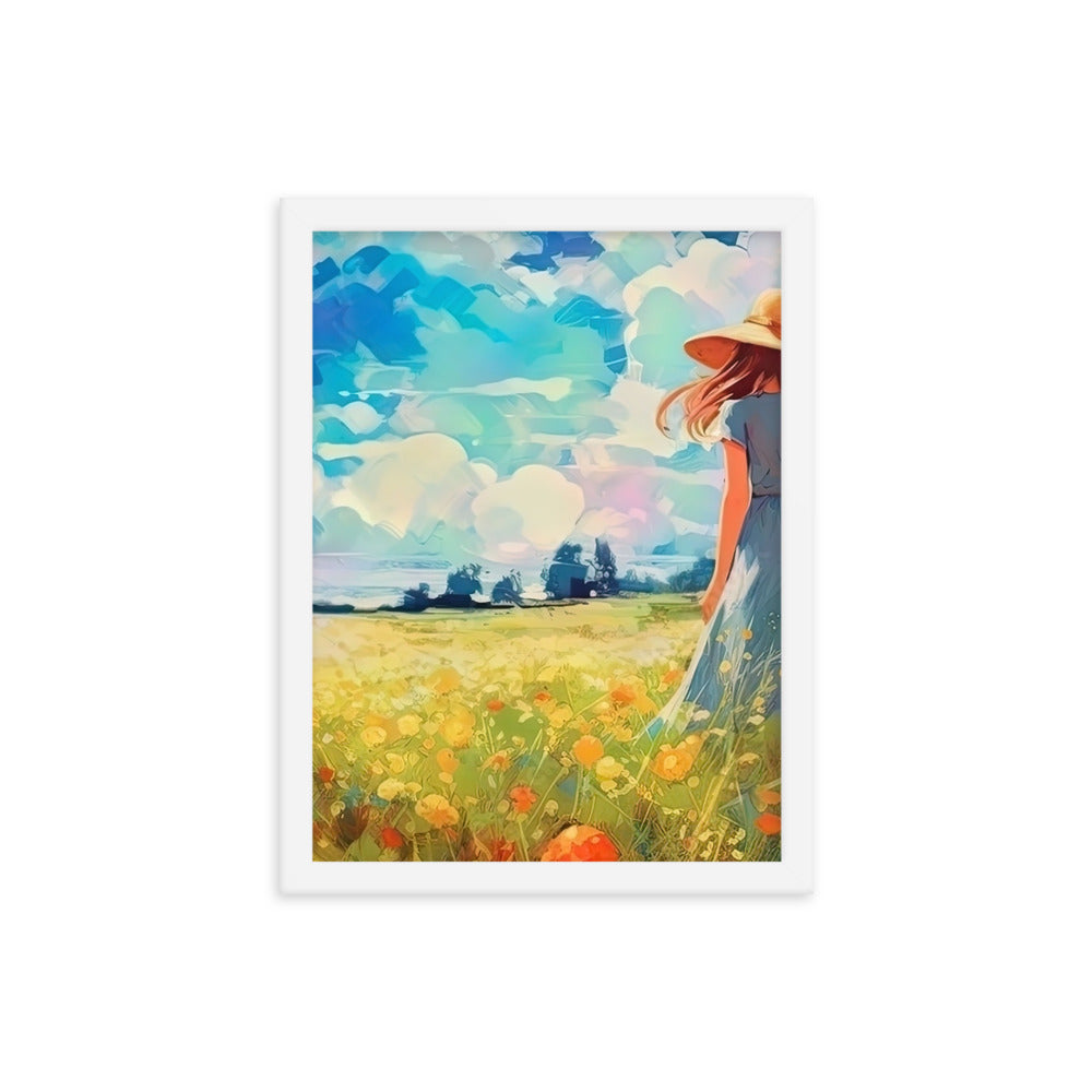 Dame mit Hut im Feld mit Blumen - Landschaftsmalerei - Premium Poster mit Rahmen camping xxx Weiß 30.5 x 40.6 cm