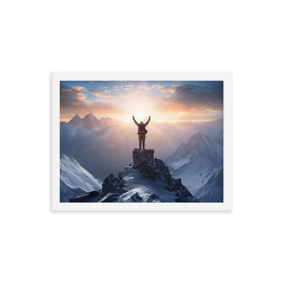 Mann auf der Spitze eines Berges - Landschaftsmalerei - Premium Poster mit Rahmen berge xxx Weiß 30.5 x 40.6 cm