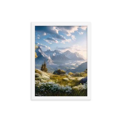 Berglandschaft mit Sonnenschein, Blumen und Bäumen - Malerei - Premium Poster mit Rahmen berge xxx 30.5 x 40.6 cm