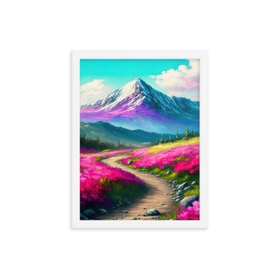 Berg, pinke Blumen und Wanderweg - Landschaftsmalerei - Premium Poster mit Rahmen berge xxx Weiß 30.5 x 40.6 cm