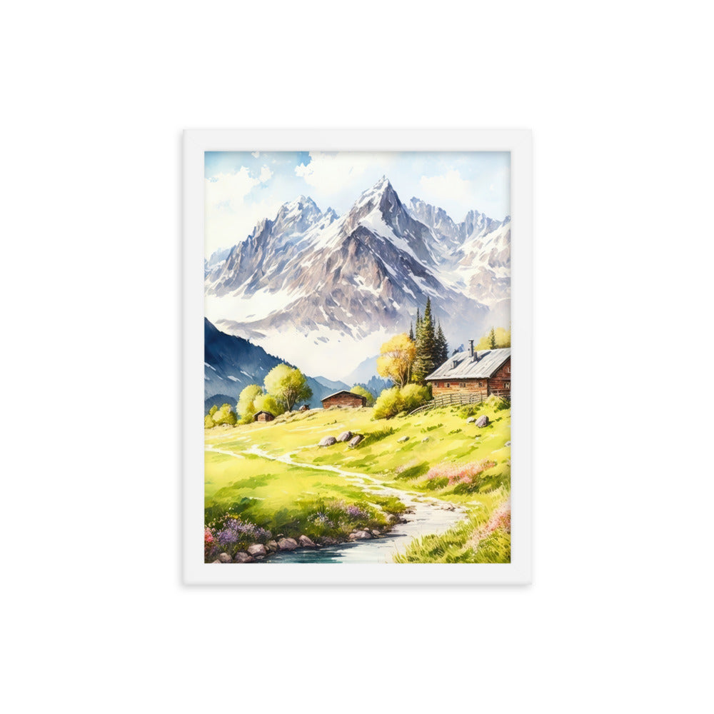Epische Berge und Berghütte - Landschaftsmalerei - Premium Poster mit Rahmen berge xxx 30.5 x 40.6 cm