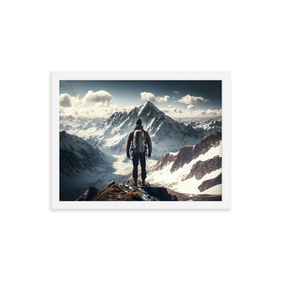 Wanderer auf Berg von hinten - Malerei - Premium Poster mit Rahmen berge xxx 30.5 x 40.6 cm