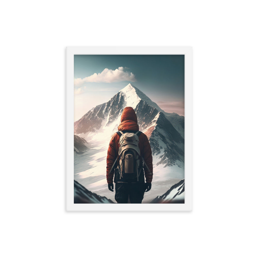 Wanderer von hinten vor einem Berg - Malerei - Premium Poster mit Rahmen berge xxx 30.5 x 40.6 cm