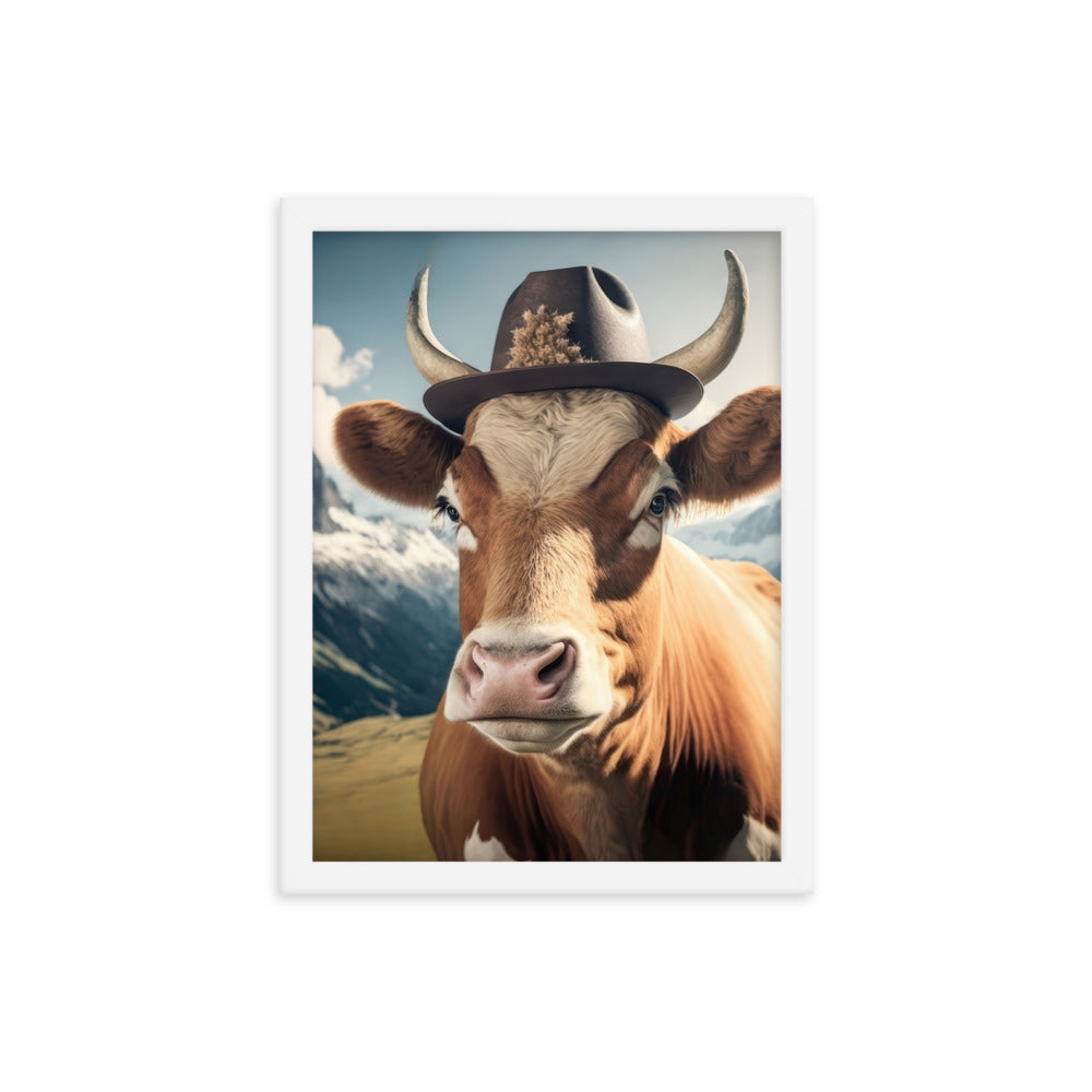 Kuh mit Hut in den Alpen - Berge im Hintergrund - Landschaftsmalerei - Premium Poster mit Rahmen berge xxx 30.5 x 40.6 cm